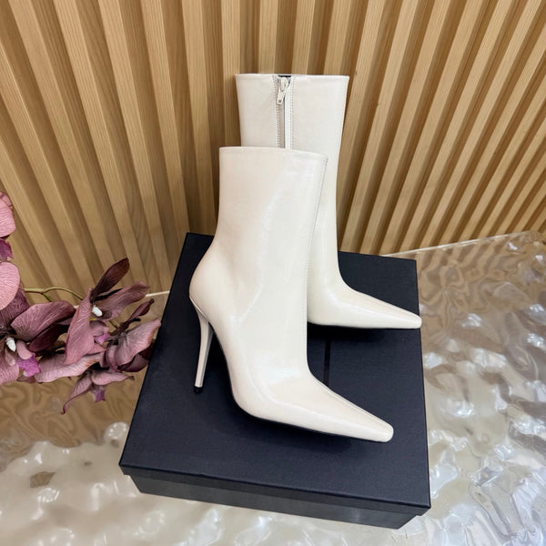 YSL Pointed-Toe Stiletto Ankle Boots 8CM White Leather 955834