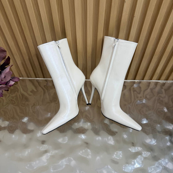 YSL Pointed-Toe Stiletto Ankle Boots 8CM White Leather 955834