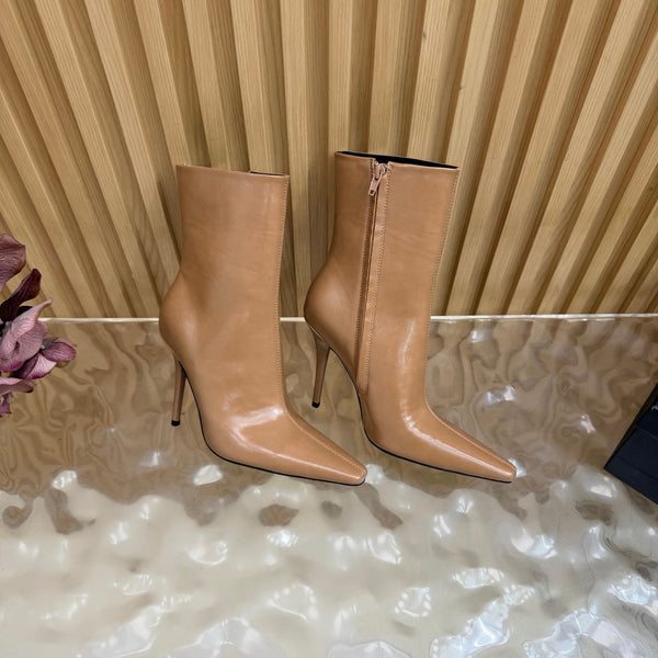 YSL Pointed-Toe Stiletto Ankle Boots 8CM Beige Leather 955830