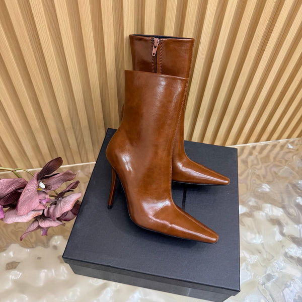 YSL Pointed-Toe Stiletto Ankle Boots 8CM Dark Brown Leather 955829