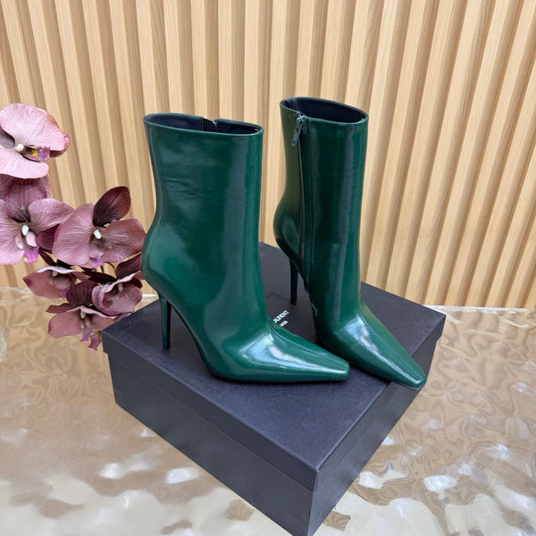YSL Pointed-Toe Stiletto Ankle Boots 8CM Dark Green Leather 955828