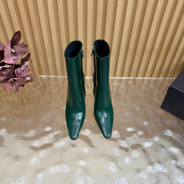YSL Pointed-Toe Stiletto Ankle Boots 8CM Dark Green Leather 955828
