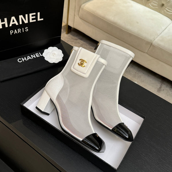 CC Ankle Boots White Square Toe White Black Mesh Patent Leather 958068