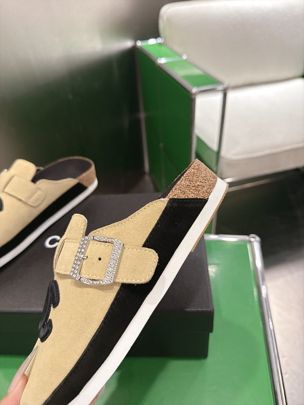 CC Slip-On Mules Crystal Buckle Beige Suede 960364
