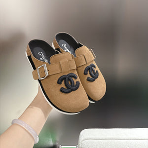 CC Slip-On Mules Crystal Buckle Brown Suede 960362