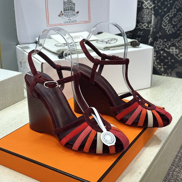 HM Wedge Sandals 10.5CM Burgundy Multicolor Suede 959361