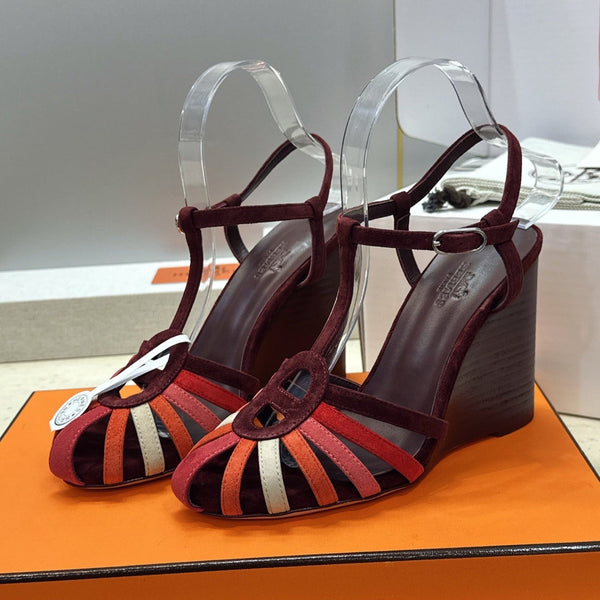 HM Wedge Sandals 10.5CM Burgundy Multicolor Suede 959361
