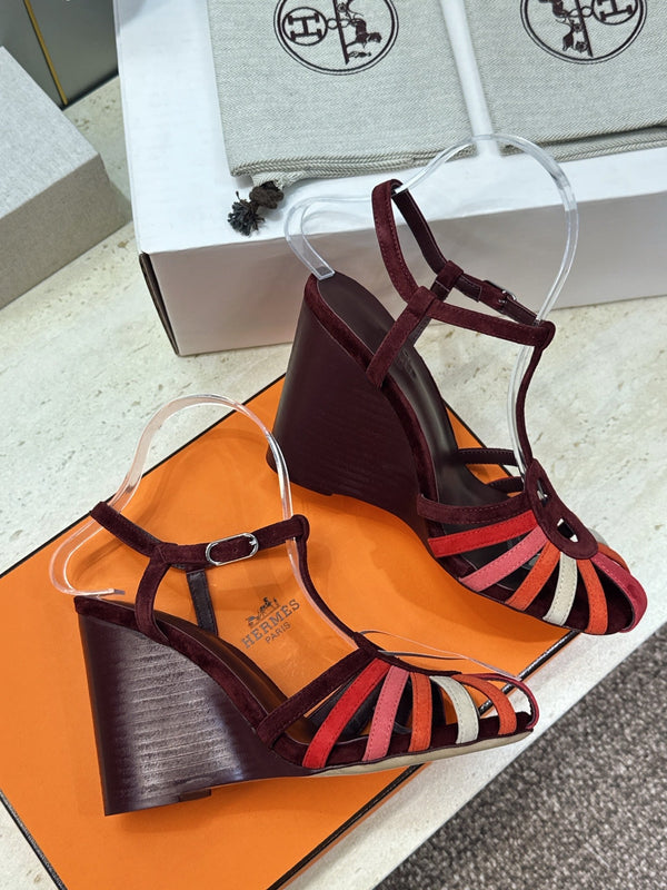 HM Wedge Sandals 10.5CM Burgundy Multicolor Suede 959361