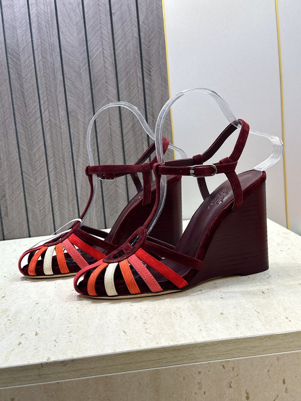 HM Wedge Sandals 10.5CM Burgundy Multicolor Suede 959361