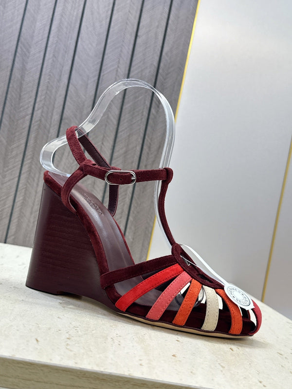 HM Wedge Sandals 10.5CM Burgundy Multicolor Suede 959361