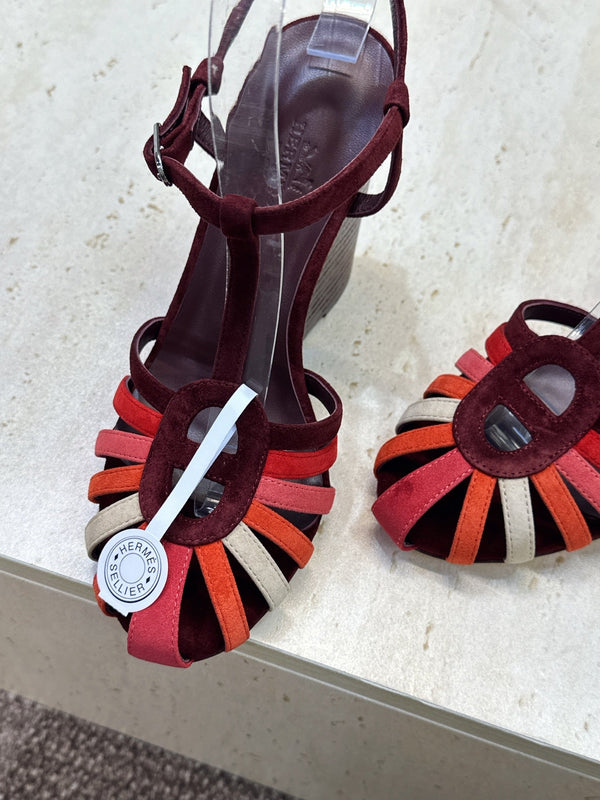 HM Wedge Sandals 10.5CM Burgundy Multicolor Suede 959361