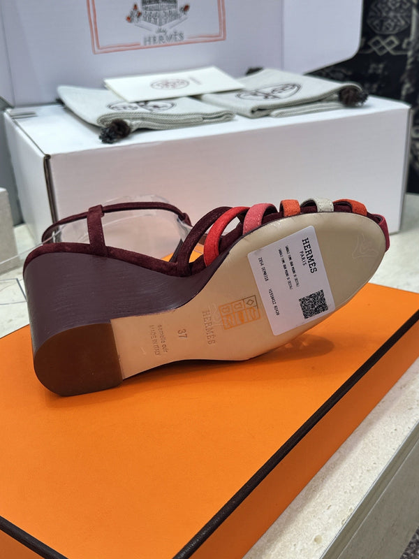 HM Wedge Sandals 10.5CM Burgundy Multicolor Suede 959361