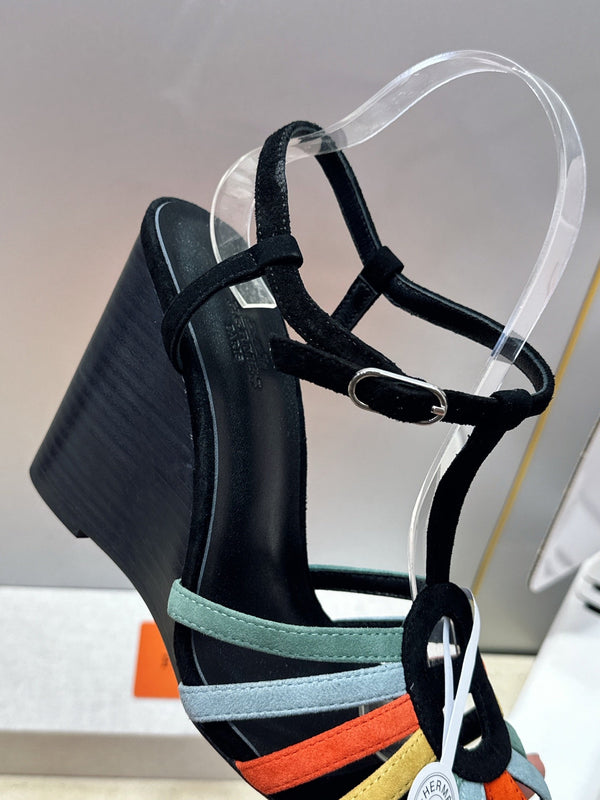 HM Wedge Sandals 10.5CM Black Multicolor Suede 959360