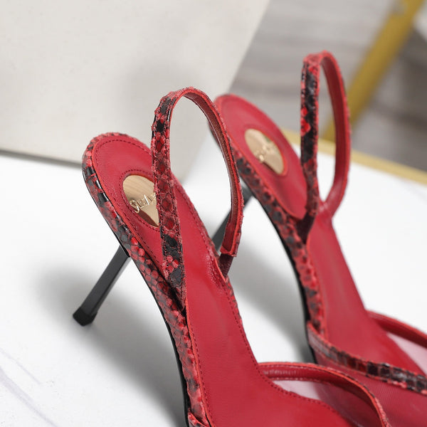 YSL Folie Slingback Pumps 6.5cm Red Mesh Black Leather 961601