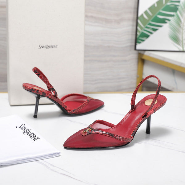 YSL Folie Slingback Pumps 6.5cm Red Mesh Black Leather 961601