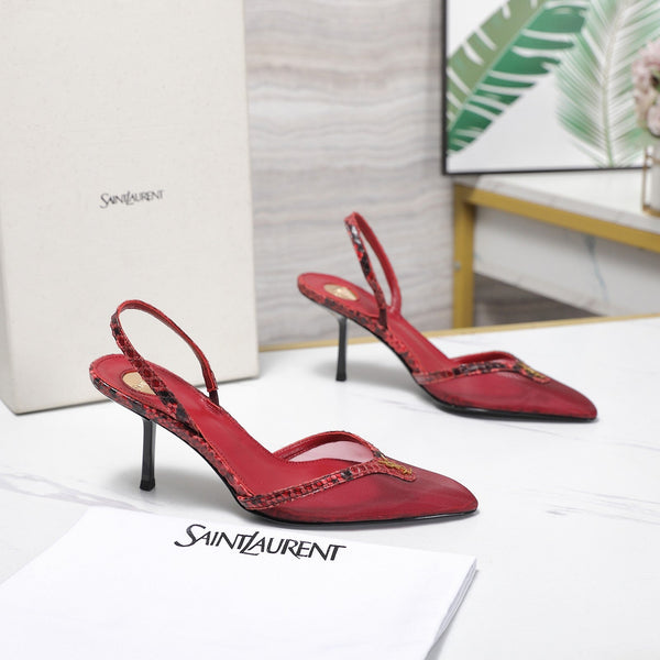 YSL Folie Slingback Pumps 6.5cm Red Mesh Black Leather 961601