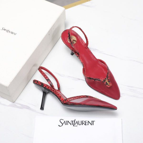 YSL Folie Slingback Pumps 6.5cm Red Mesh Black Leather 961601