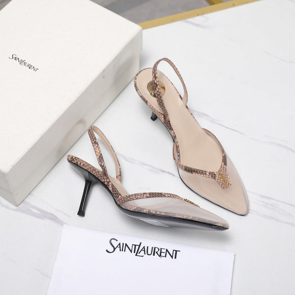 YSL Folie Slingback Pumps 6.5cm Beige Mesh Black Leather 961600