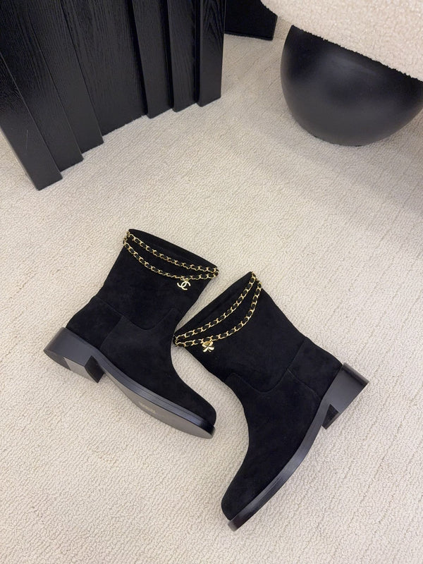 CC Mid-Calf Boots 4CM Gold Chain Charm Black Suede 961499