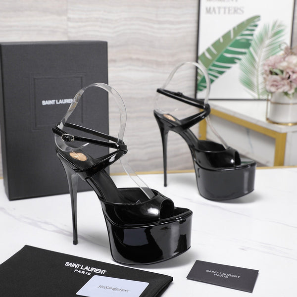 YSL Kika Platform Sandals Stiletto Heel Black Patent Leather 961645