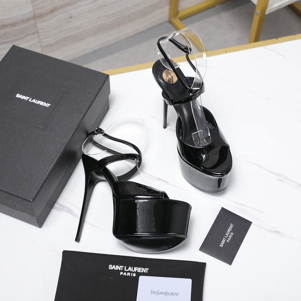 YSL Kika Platform Sandals Stiletto Heel Black Patent Leather 961645