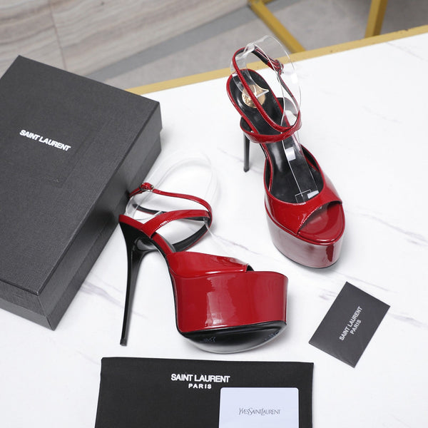 YSL Kika Platform Sandals Stiletto Heel Red Patent Leather 961644