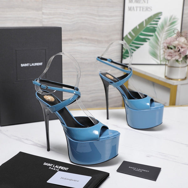 YSL Kika Platform Sandals Stiletto Heel Blue Patent Leather 961643