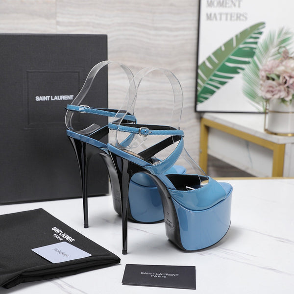 YSL Kika Platform Sandals Stiletto Heel Blue Patent Leather 961643
