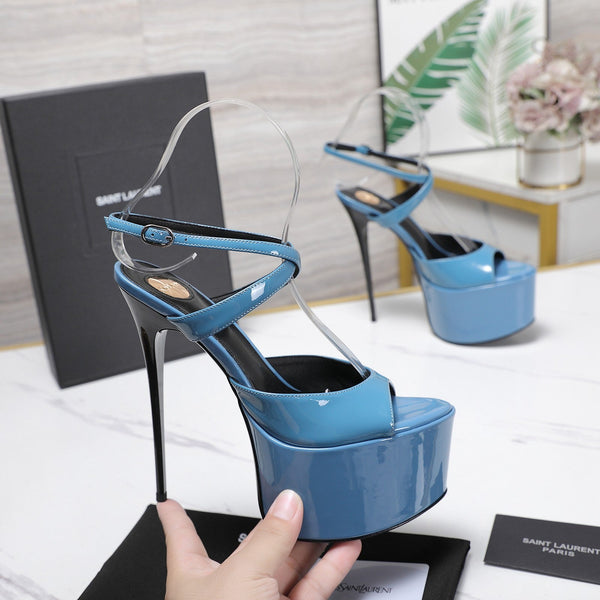 YSL Kika Platform Sandals Stiletto Heel Blue Patent Leather 961643