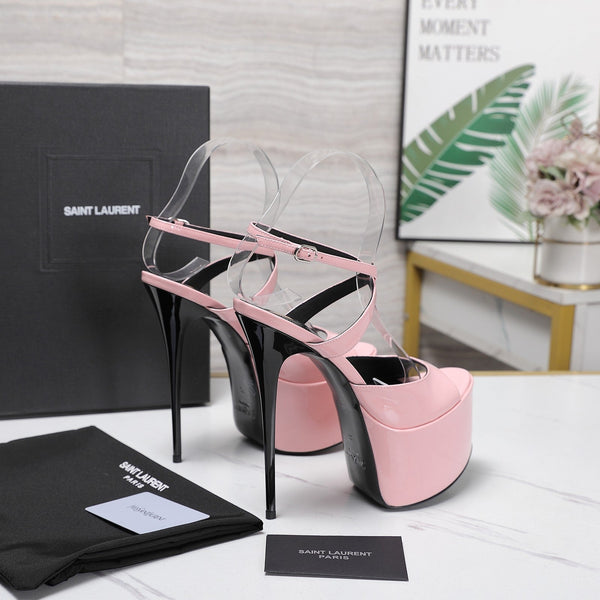 YSL Kika Platform Sandals Stiletto Heel Pink Patent Leather 961642