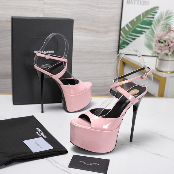 YSL Kika Platform Sandals Stiletto Heel Pink Patent Leather 961642