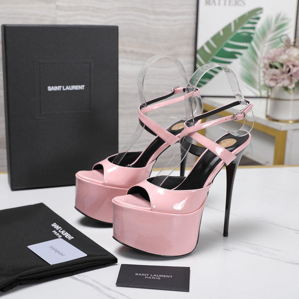 YSL Kika Platform Sandals Stiletto Heel Pink Patent Leather 961642
