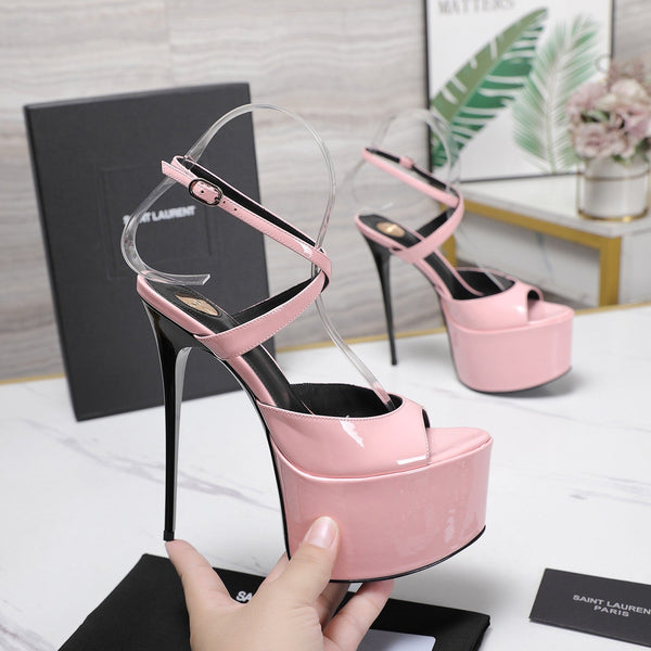 YSL Kika Platform Sandals Stiletto Heel Pink Patent Leather 961642