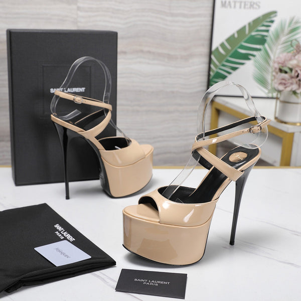 YSL Kika Platform Sandals Stiletto Heel Beige Patent Leather 961641
