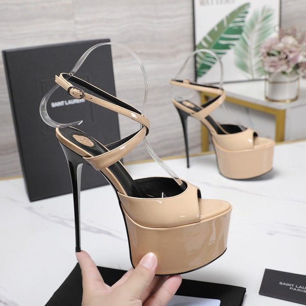 YSL Kika Platform Sandals Stiletto Heel Beige Patent Leather 961641