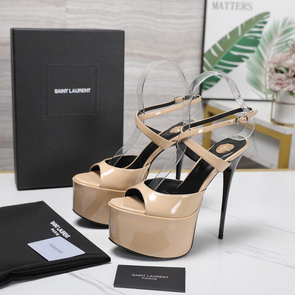 YSL Kika Platform Sandals Stiletto Heel Beige Patent Leather 961641