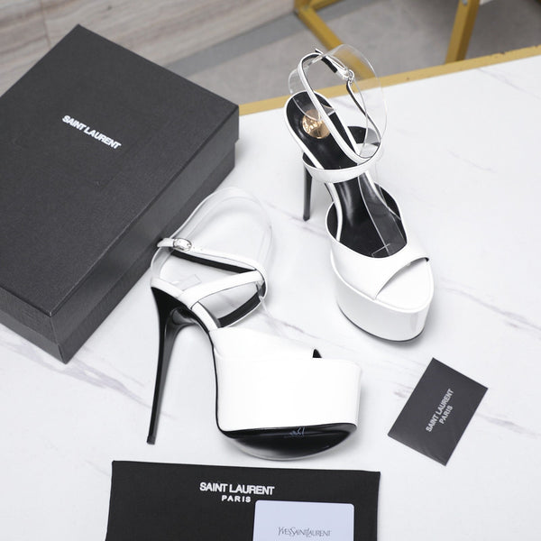 YSL Kika Platform Sandals Stiletto Heel White Patent Leather 961640