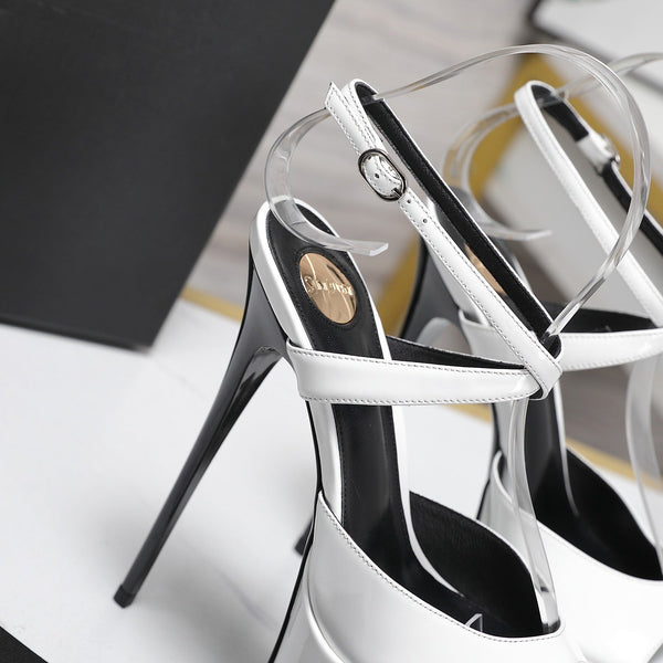 YSL Kika Platform Sandals Stiletto Heel White Patent Leather 961640