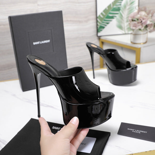 YSL Platform Mules Stiletto Heel Black Patent Leather 961639
