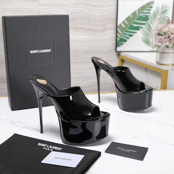 YSL Platform Mules Stiletto Heel Black Patent Leather 961639