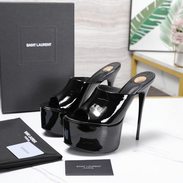 YSL Platform Mules Stiletto Heel Black Patent Leather 961639