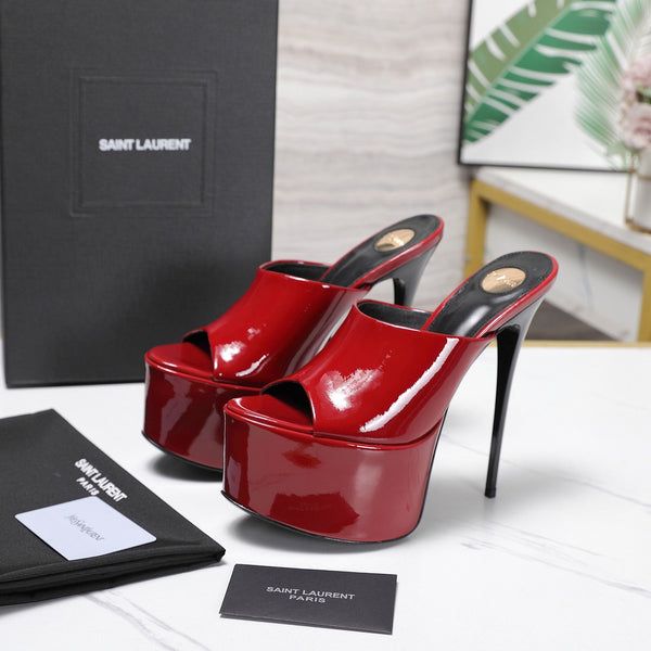 YSL Platform Mules Stiletto Heel Red Patent Leather 961638