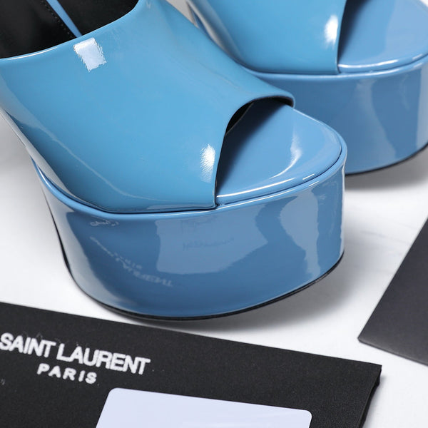 YSL Platform Mules Stiletto Heel Blue Patent Leather 961637