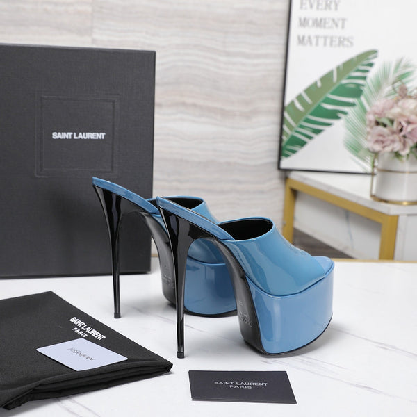 YSL Platform Mules Stiletto Heel Blue Patent Leather 961637
