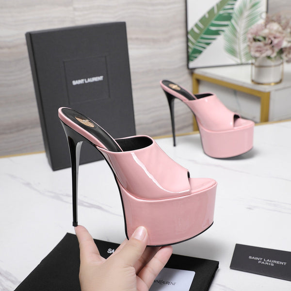 YSL Platform Mules Stiletto Heel Pink Patent Leather 961636