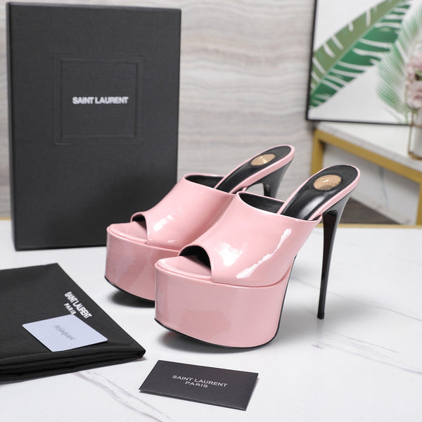 YSL Platform Mules Stiletto Heel Pink Patent Leather 961636