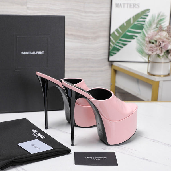 YSL Platform Mules Stiletto Heel Pink Patent Leather 961636