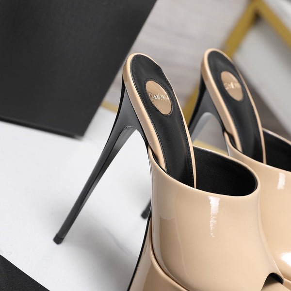 YSL Platform Mules Stiletto Heel Beige Patent Leather 961635