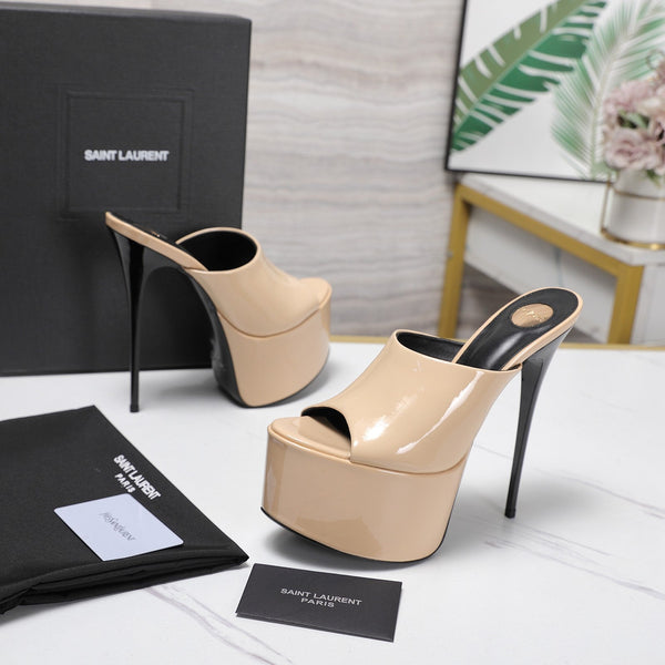 YSL Platform Mules Stiletto Heel Beige Patent Leather 961635