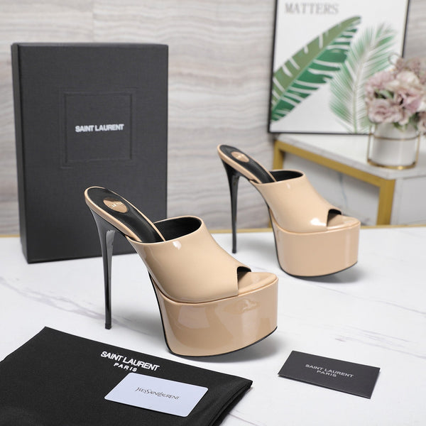 YSL Platform Mules Stiletto Heel Beige Patent Leather 961635
